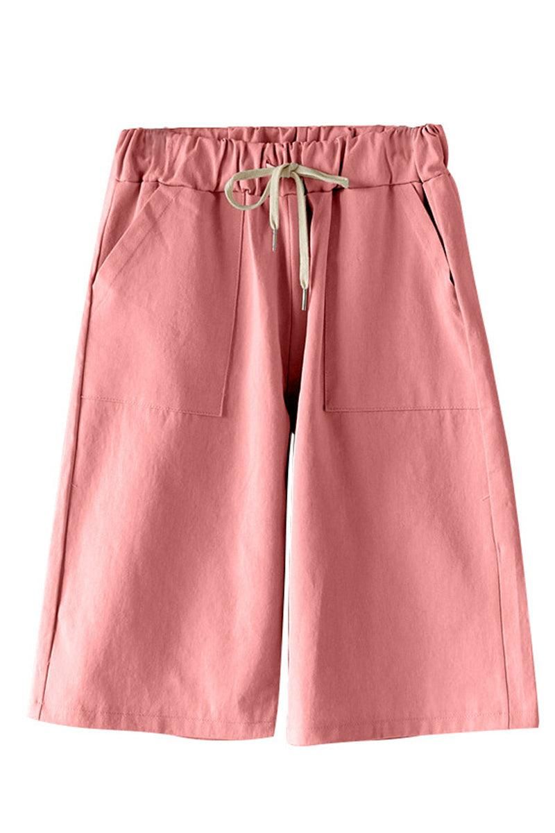 ELASTIC WAIST DRAWSTRING MID LENGTH SHORTS - Doublju