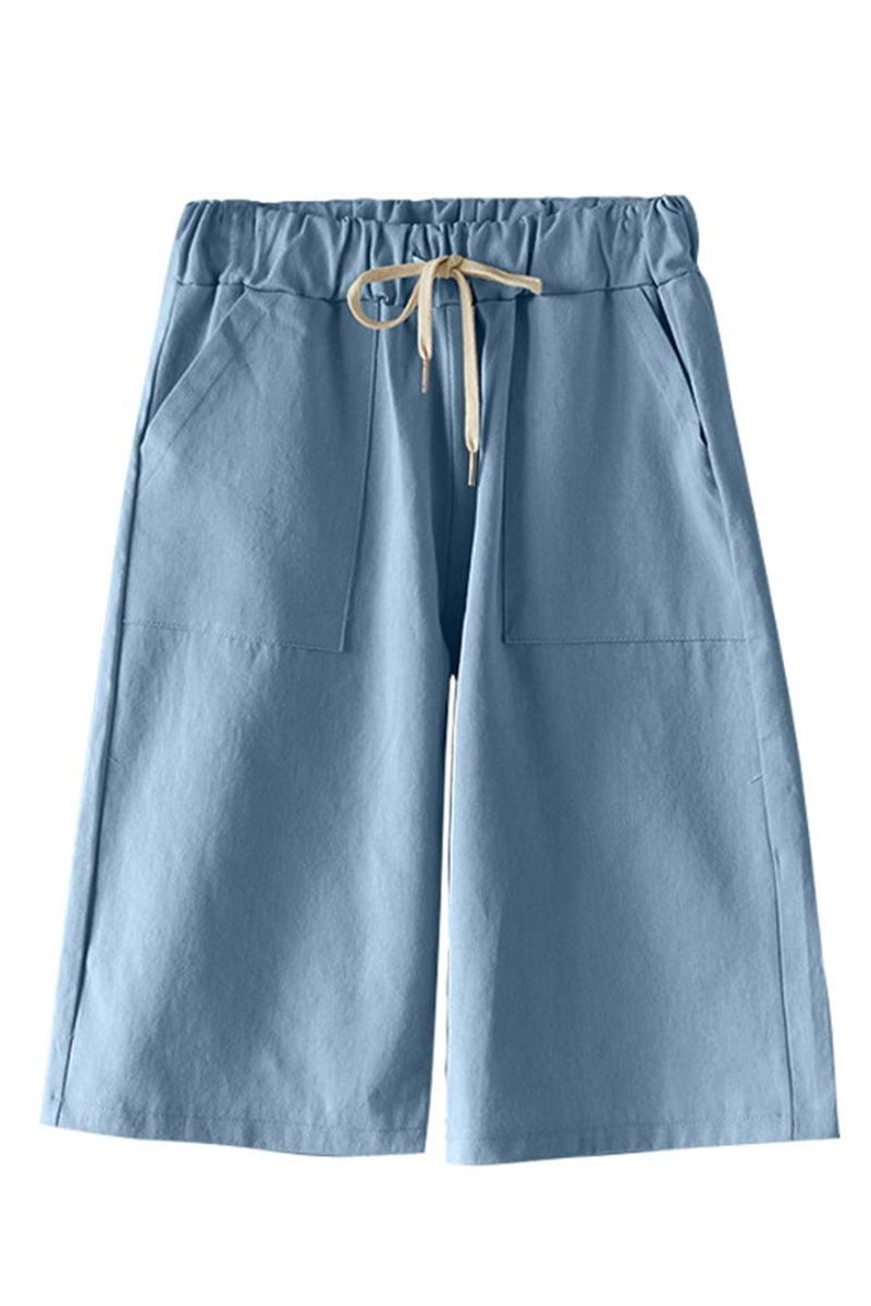 ELASTIC WAIST DRAWSTRING MID LENGTH SHORTS - Doublju