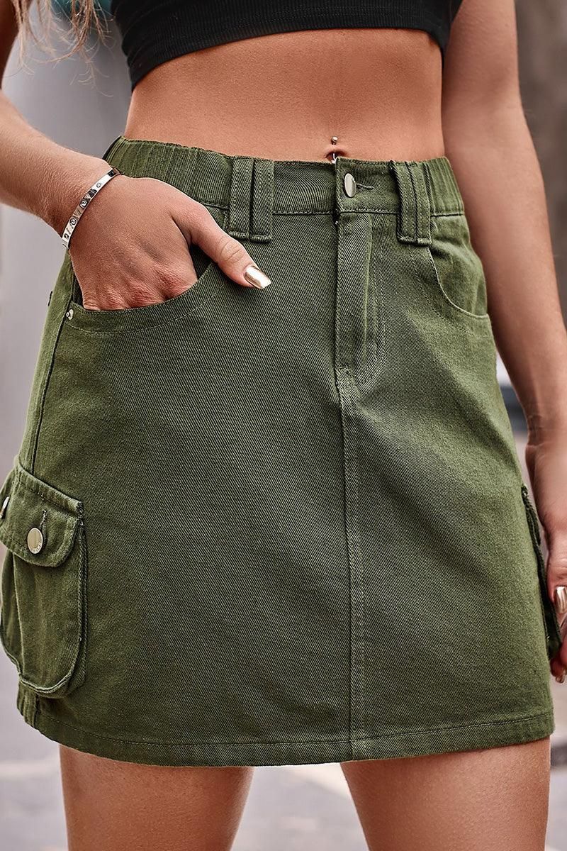 SIDE MINI POCKET ELASTIC WAIST CASUAL CARGO SKIRT - Doublju