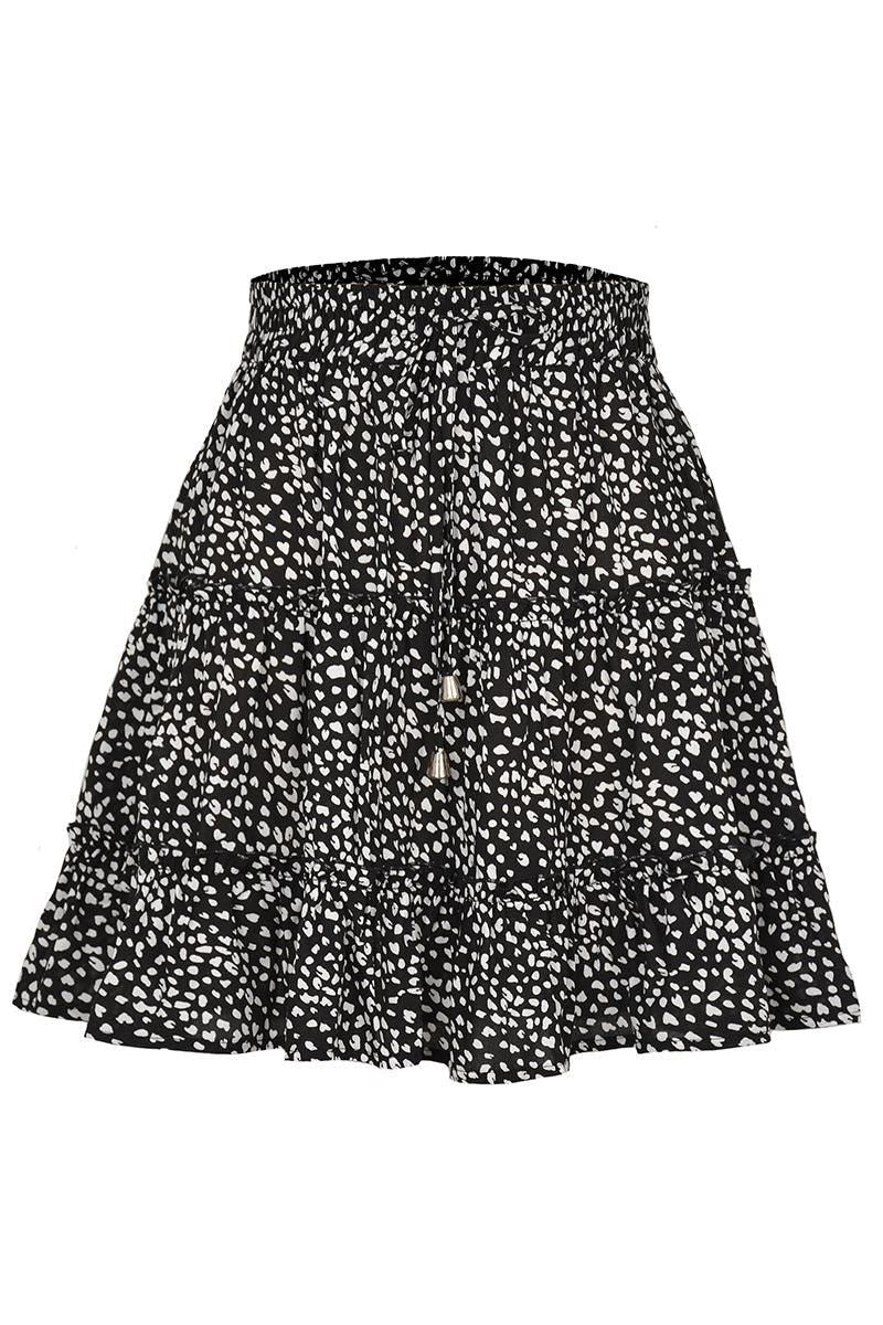 HIGH WAISTED RUFFLED FLORAL A LINE SHORT SKIRT - Doublju