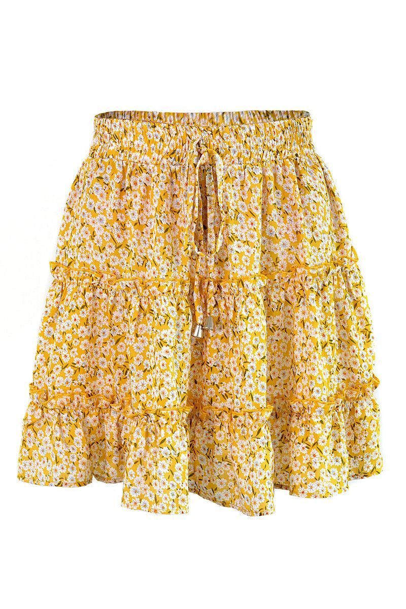 HIGH WAISTED RUFFLED FLORAL A LINE SHORT SKIRT - Doublju