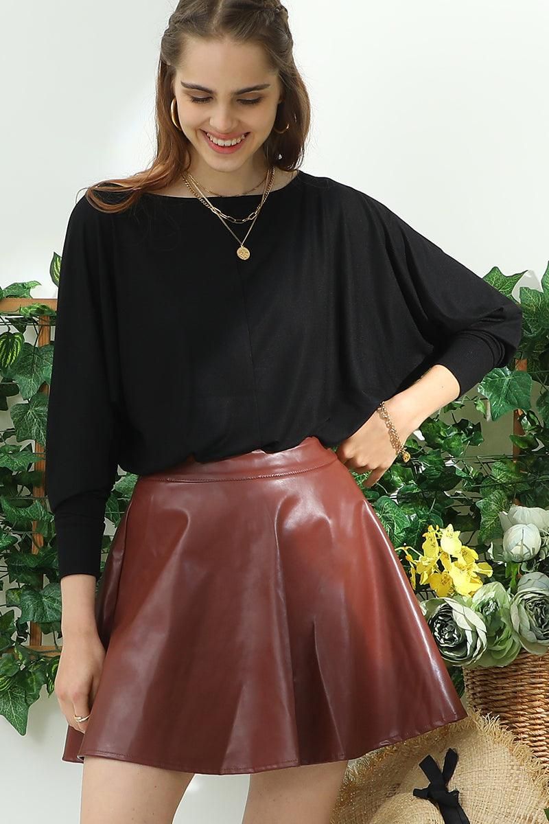 FAUX LEATHER CIRCLE SKIRT WITH BACK ZIPPER - Doublju