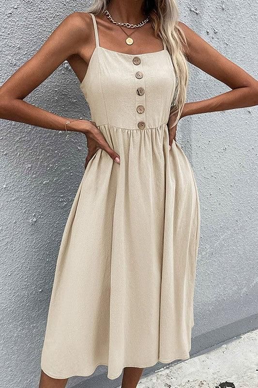 SOLID COLOR SLING LONG DRESS - Doublju