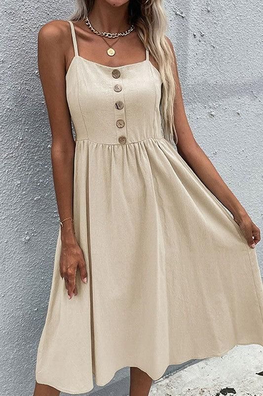 SOLID COLOR SLING LONG DRESS - Doublju