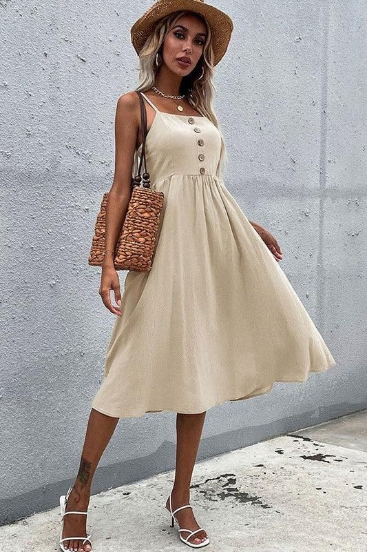 SOLID COLOR SLING LONG DRESS - Doublju