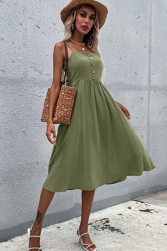 SOLID COLOR SLING LONG DRESS - Doublju