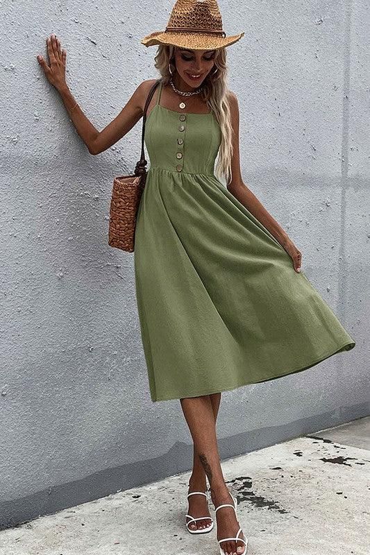 SOLID COLOR SLING LONG DRESS - Doublju