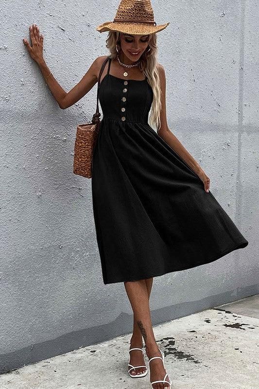 SOLID COLOR SLING LONG DRESS - Doublju