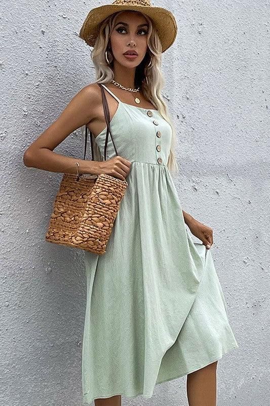 SOLID COLOR SLING LONG DRESS - Doublju