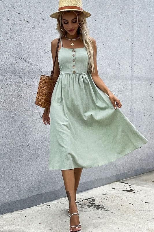 SOLID COLOR SLING LONG DRESS - Doublju