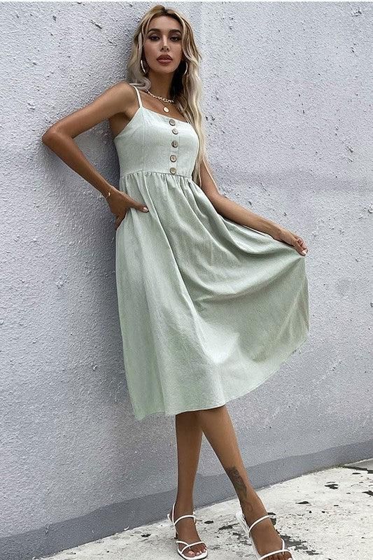 SOLID COLOR SLING LONG DRESS - Doublju