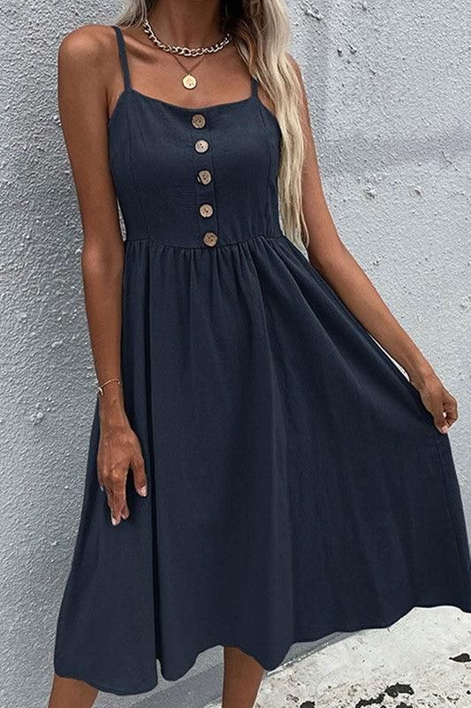 SOLID COLOR SLING LONG DRESS - Doublju