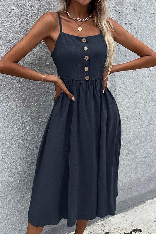 SOLID COLOR SLING LONG DRESS - Doublju