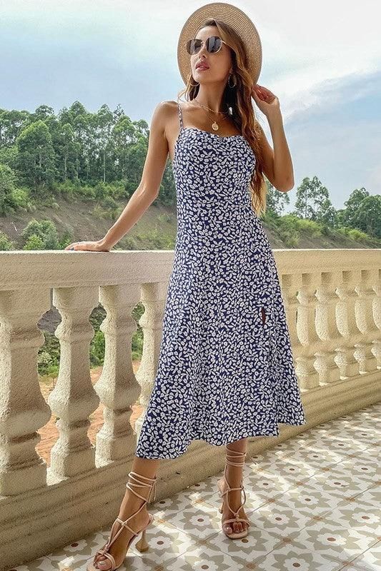 SLIM SLIT PRINTED SLING FLORAL DRESS - Doublju