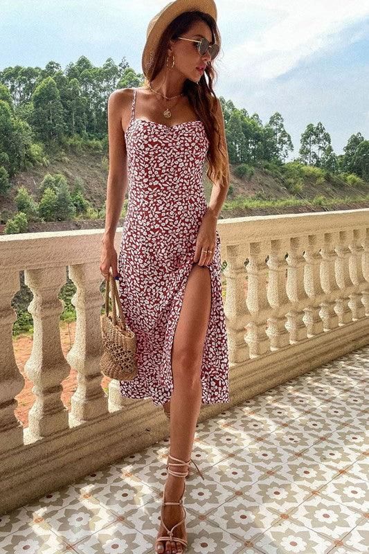 SLIM SLIT PRINTED SLING FLORAL DRESS - Doublju