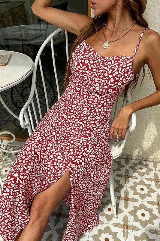 SLIM SLIT PRINTED SLING FLORAL DRESS - Doublju