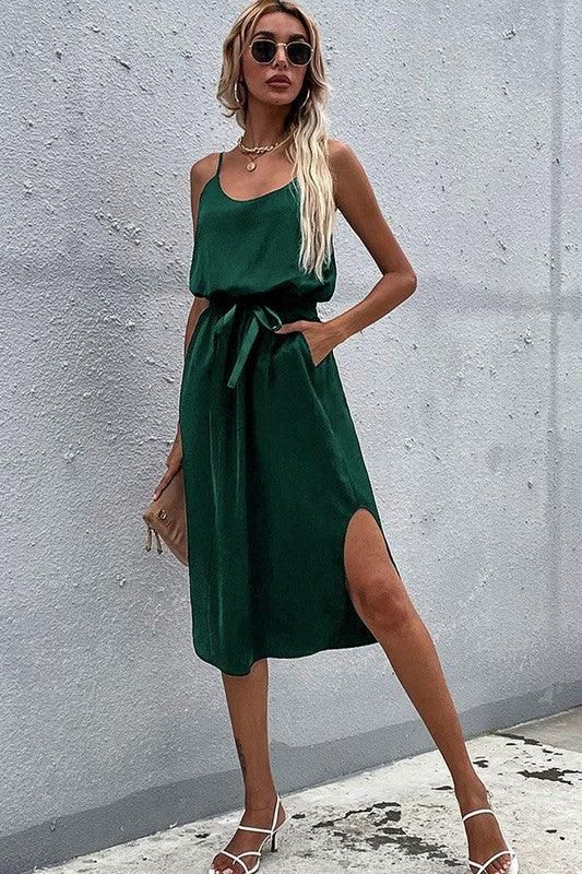 PURE COLOR BAG HIP SPLIT SLING DRESS - Doublju