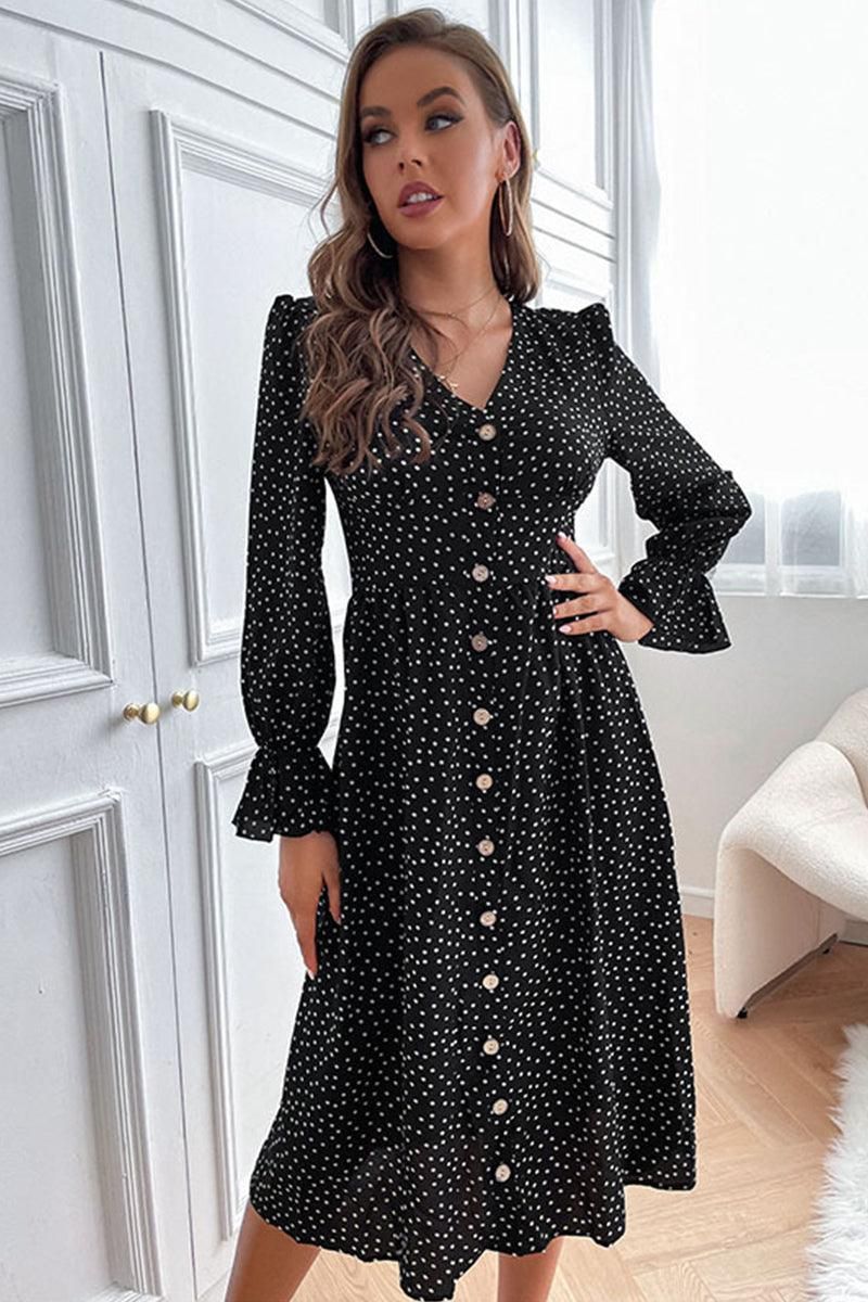 BUTTONED RUFFLED SLEEVE POLKA DOT MIDE DRESS - Doublju