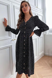 BUTTONED RUFFLED SLEEVE POLKA DOT MIDE DRESS - Doublju