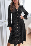 BUTTONED RUFFLED SLEEVE POLKA DOT MIDE DRESS - Doublju