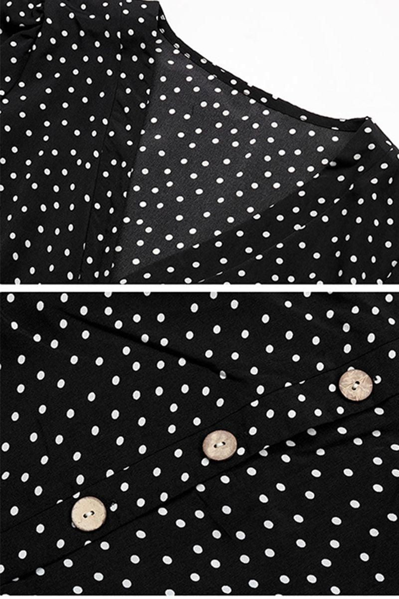 BUTTONED RUFFLED SLEEVE POLKA DOT MIDE DRESS - Doublju