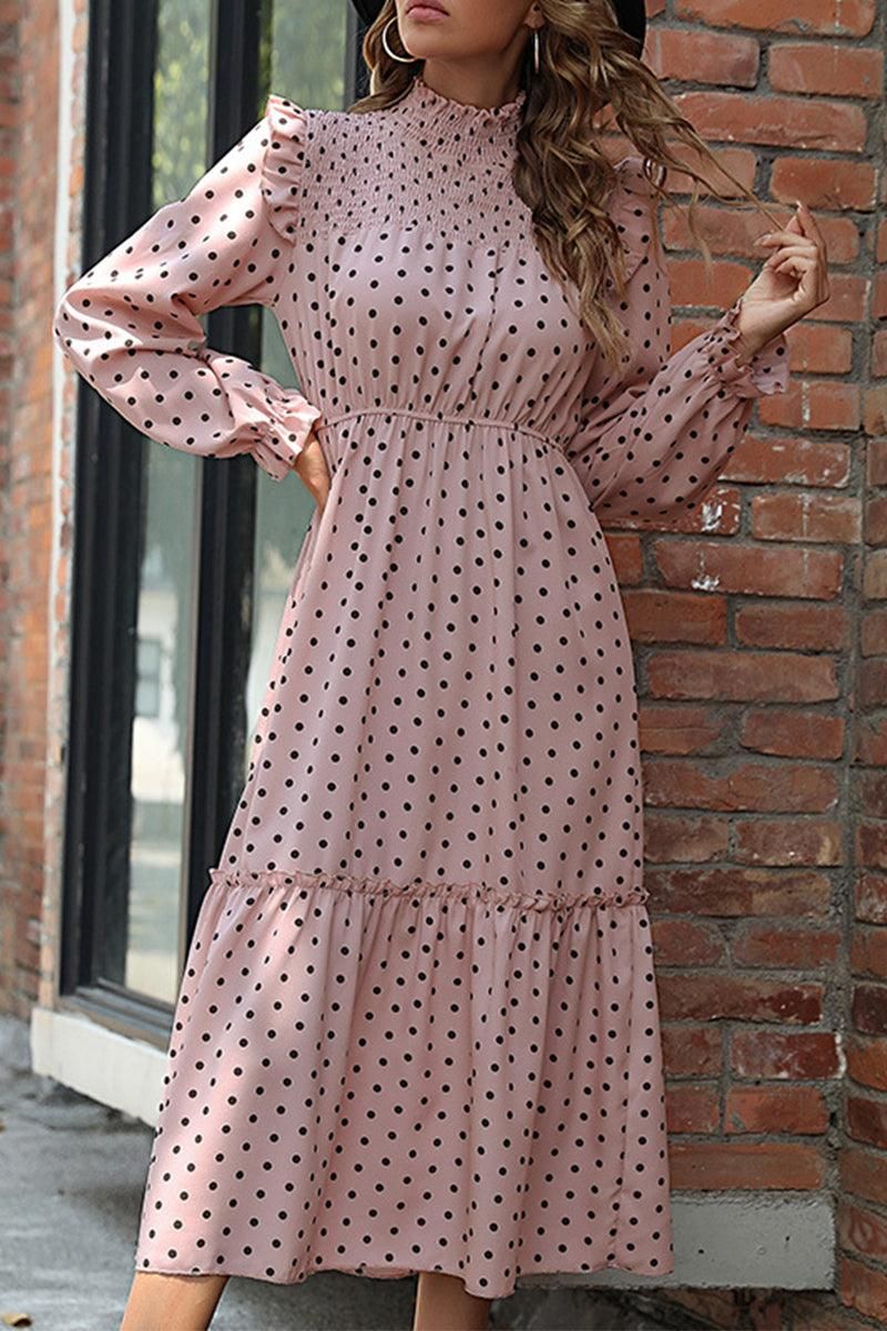 POLKA DOT LACED SHOULDER MAXI DRESS - Doublju