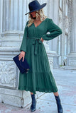 V NECK DRAWSTRING WAIST RUFFLED LONG DRESS - Doublju