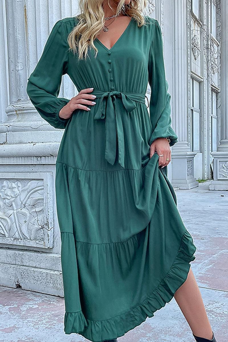 V NECK DRAWSTRING WAIST RUFFLED LONG DRESS - Doublju