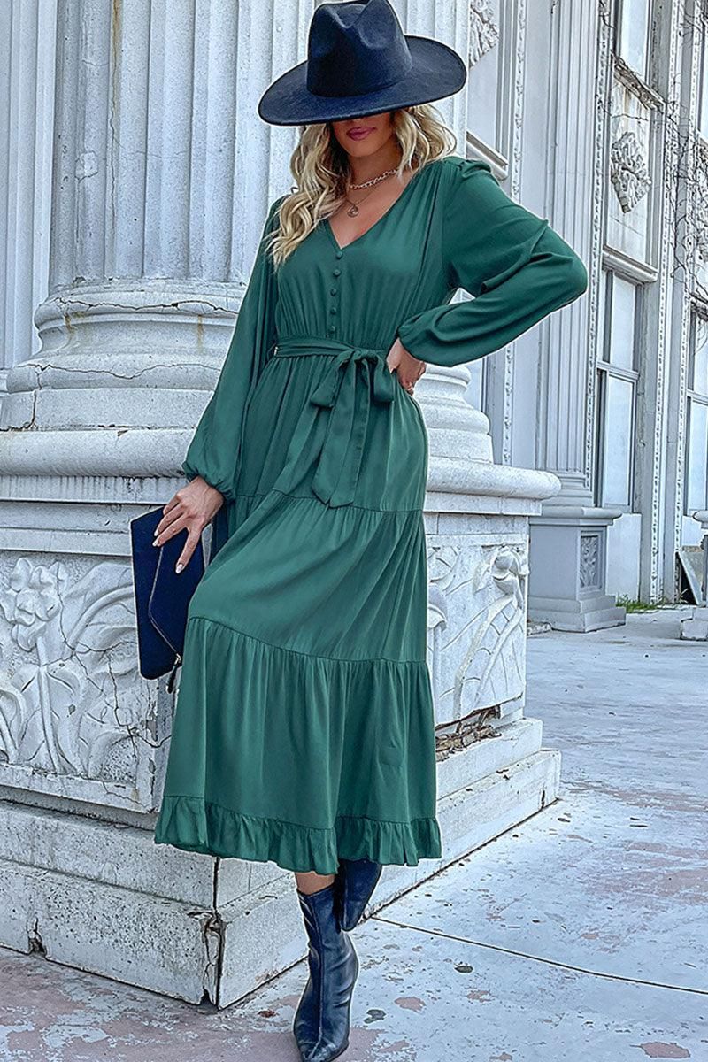 V NECK DRAWSTRING WAIST RUFFLED LONG DRESS - Doublju