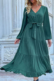 V NECK DRAWSTRING WAIST RUFFLED LONG DRESS - Doublju