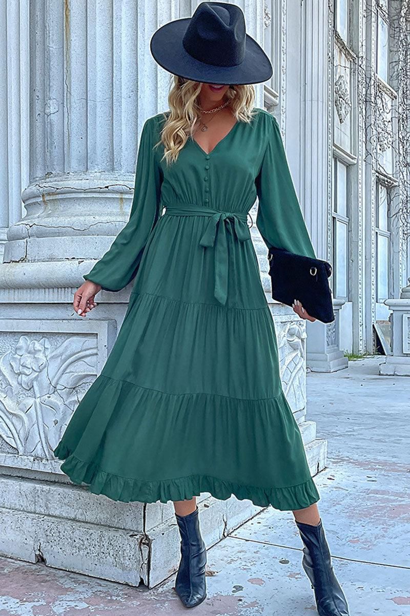 V NECK DRAWSTRING WAIST RUFFLED LONG DRESS - Doublju