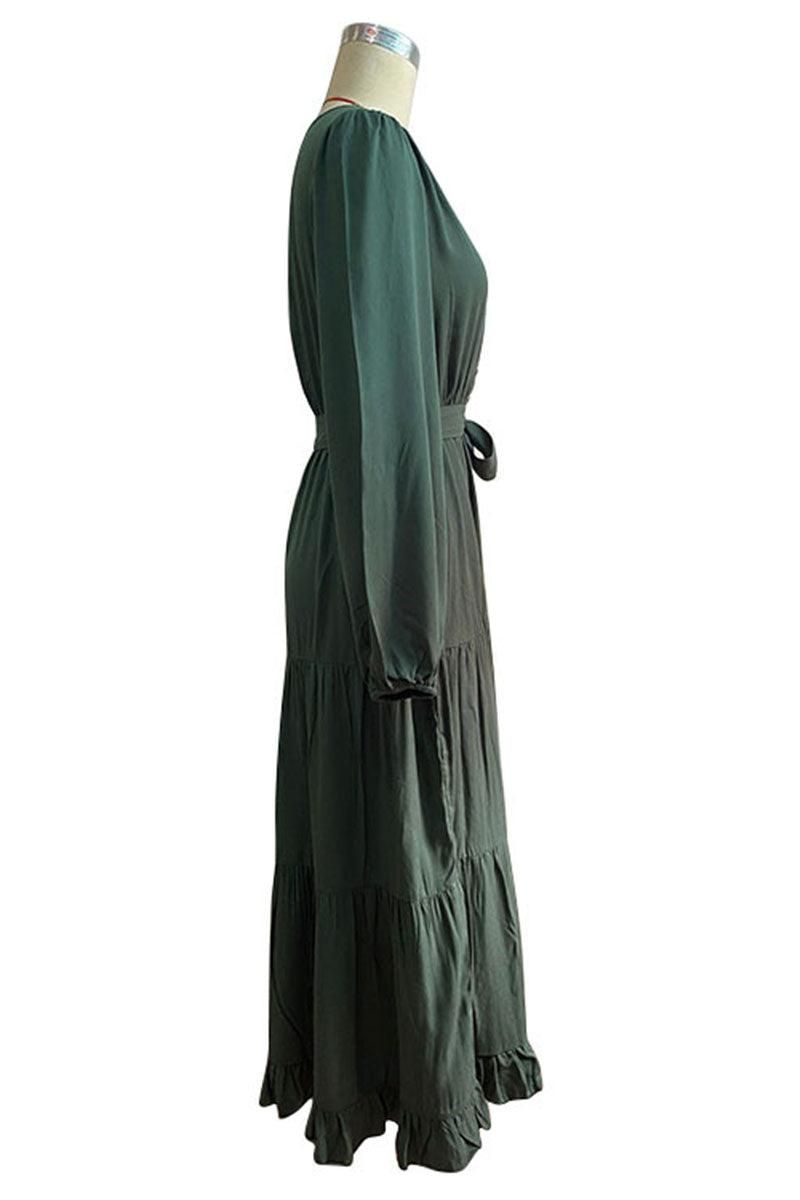 V NECK DRAWSTRING WAIST RUFFLED LONG DRESS - Doublju