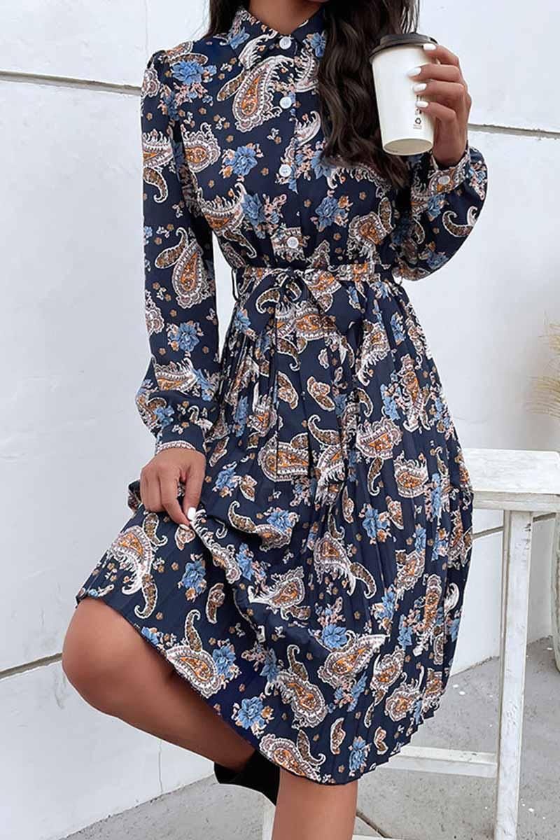 LONG SLEEVED PRINTED LAPEL PLEATED DRESS - Doublju