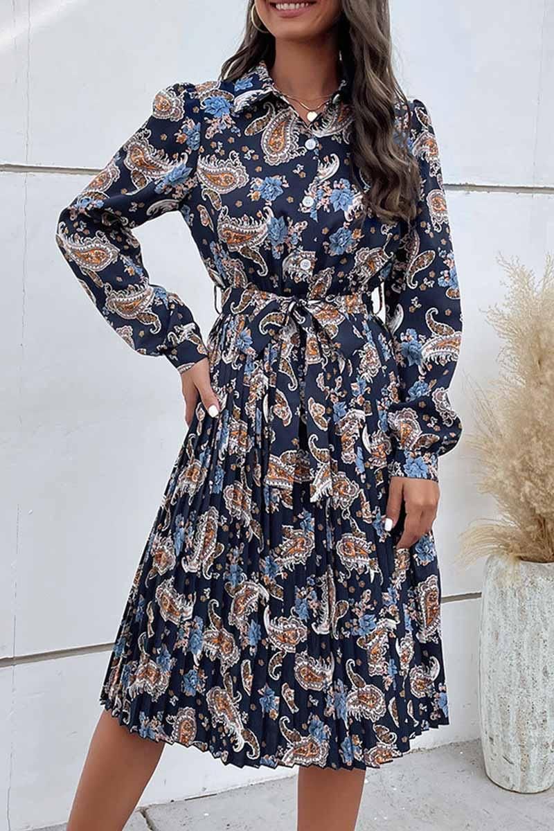 LONG SLEEVED PRINTED LAPEL PLEATED DRESS - Doublju