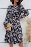 LONG SLEEVED PRINTED LAPEL PLEATED DRESS - Doublju