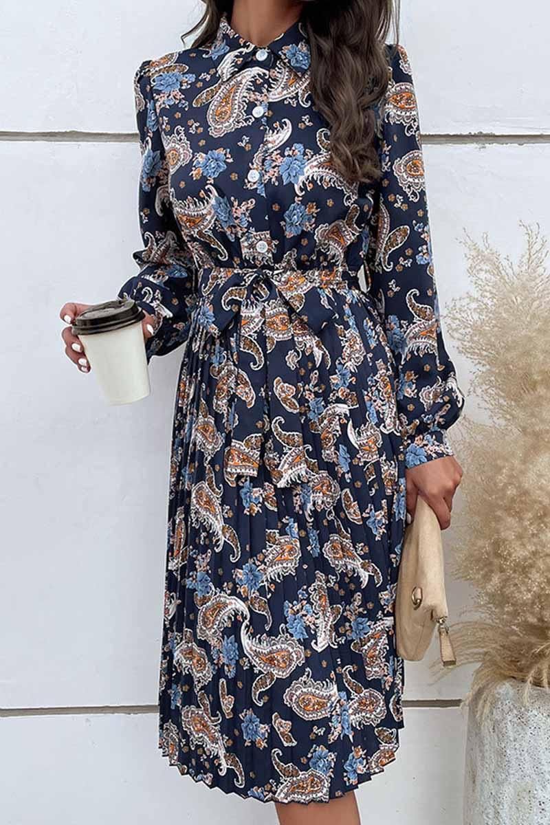 LONG SLEEVED PRINTED LAPEL PLEATED DRESS - Doublju