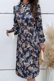 LONG SLEEVED PRINTED LAPEL PLEATED DRESS - Doublju