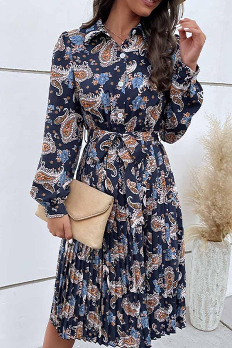 LONG SLEEVED PRINTED LAPEL PLEATED DRESS - Doublju