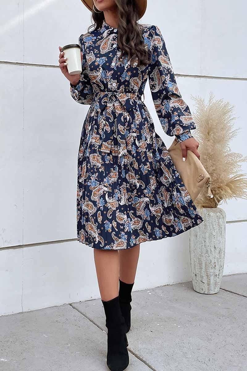 LONG SLEEVED PRINTED LAPEL PLEATED DRESS - Doublju