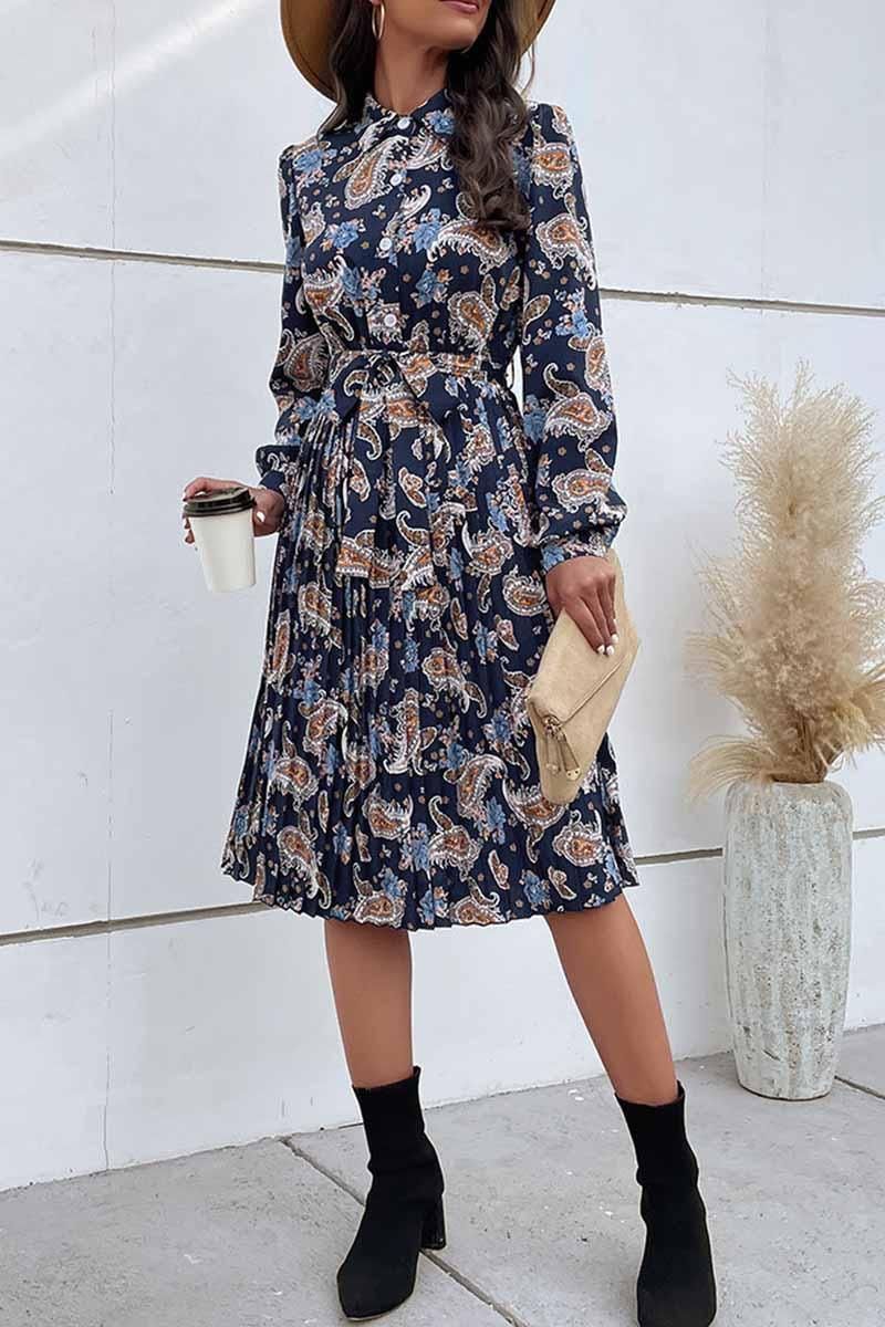 LONG SLEEVED PRINTED LAPEL PLEATED DRESS - Doublju