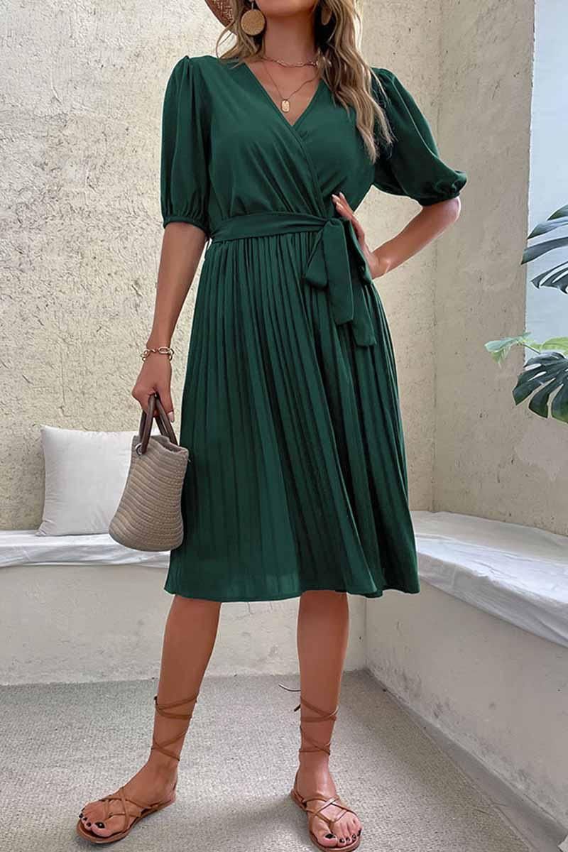 PUFF SHOULDER V NECK GREEN PLEATED DRESS - Doublju