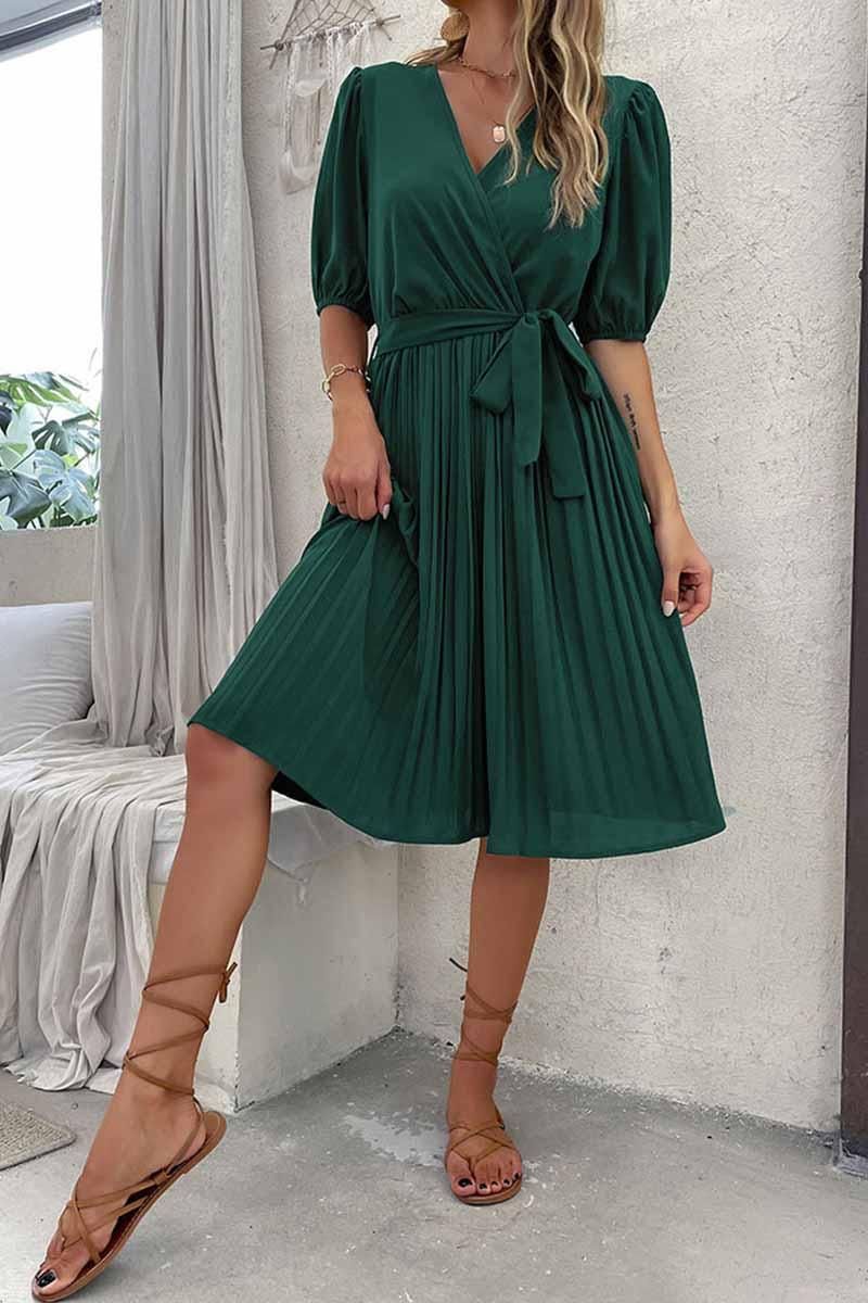 PUFF SHOULDER V NECK GREEN PLEATED DRESS - Doublju