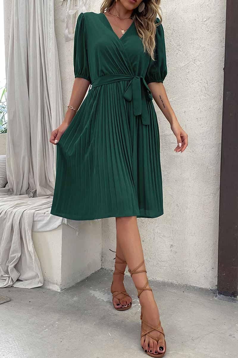 PUFF SHOULDER V NECK GREEN PLEATED DRESS - Doublju