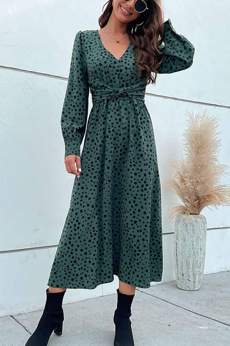 SHIRRING WAIST LEOPARD PRINT LONG DRESS - Doublju