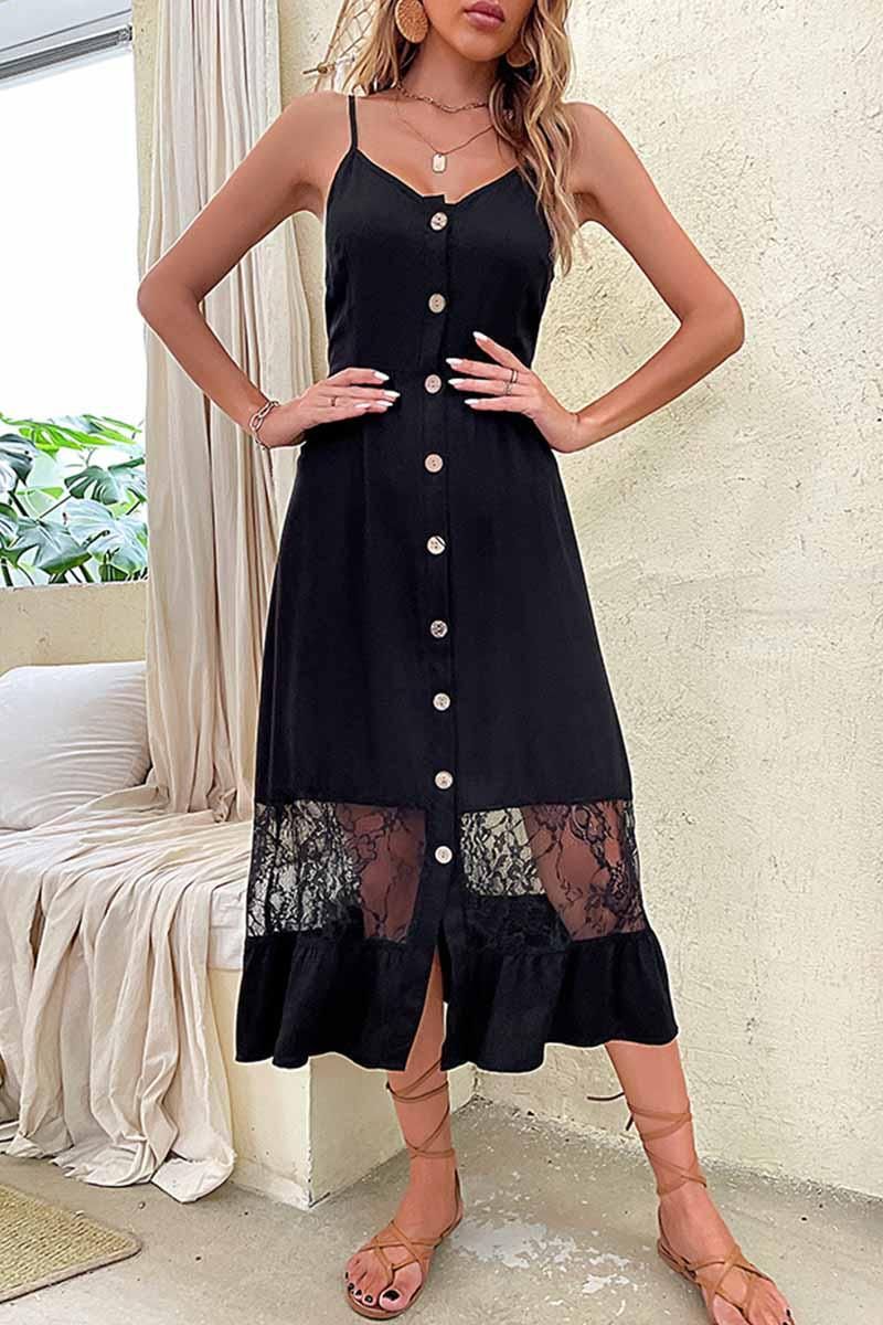 SLEEVELESS OPEN FRONT LACE STITCHING DRESS - Doublju