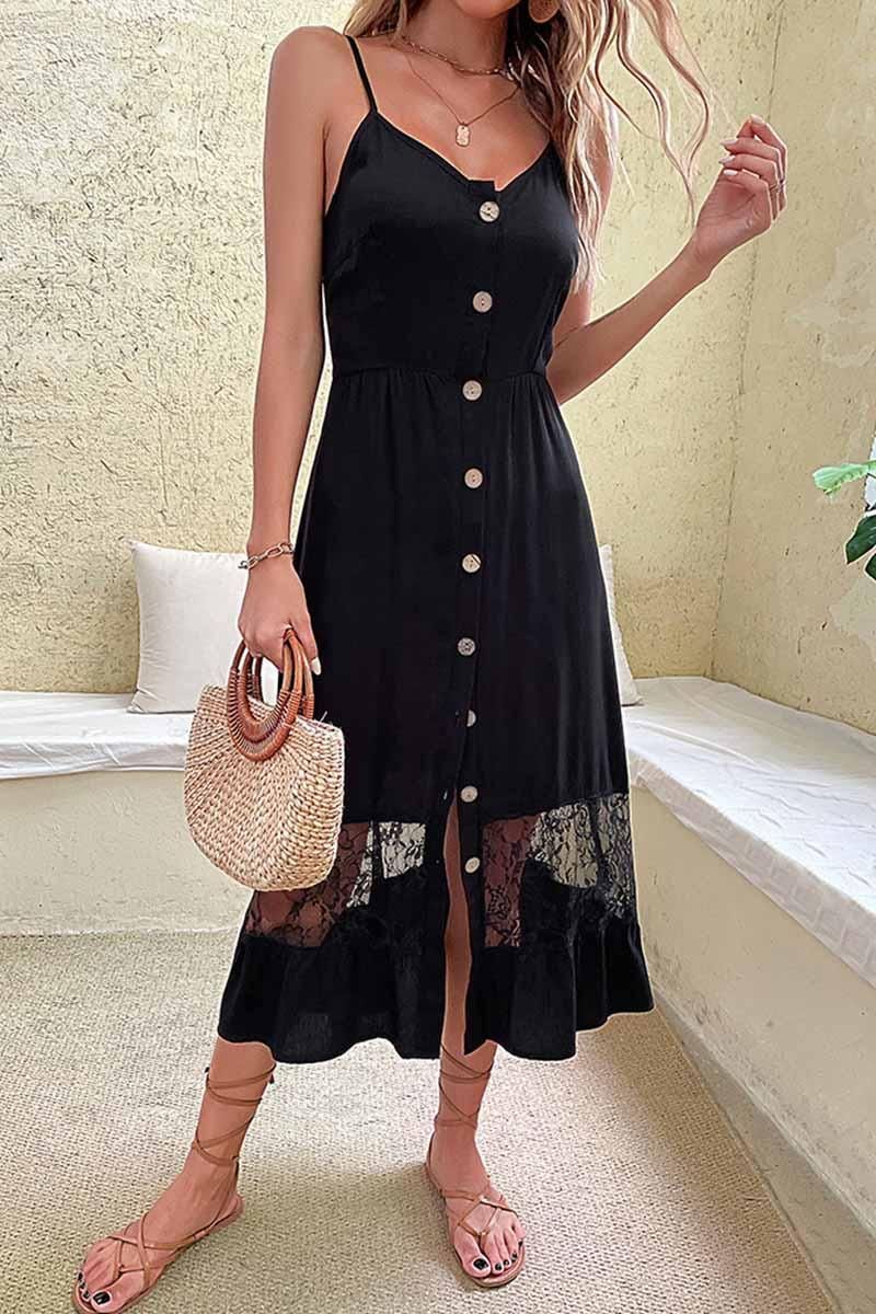 SLEEVELESS OPEN FRONT LACE STITCHING DRESS - Doublju