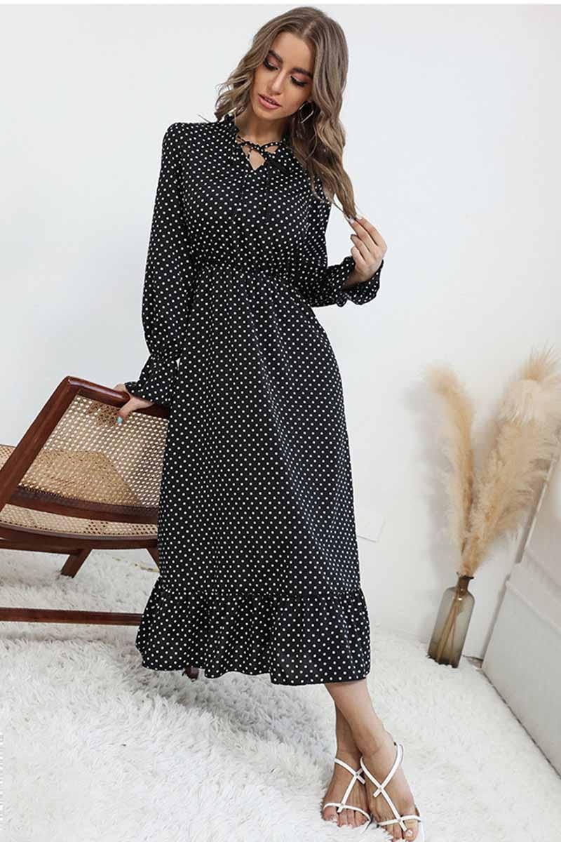 TIED NECK RUFFLED POLKA DOT DRESS - Doublju