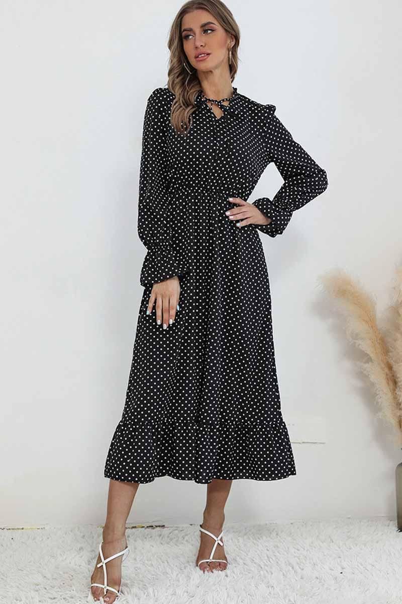 TIED NECK RUFFLED POLKA DOT DRESS - Doublju