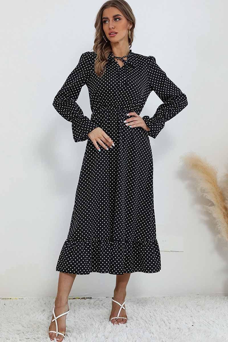 TIED NECK RUFFLED POLKA DOT DRESS - Doublju