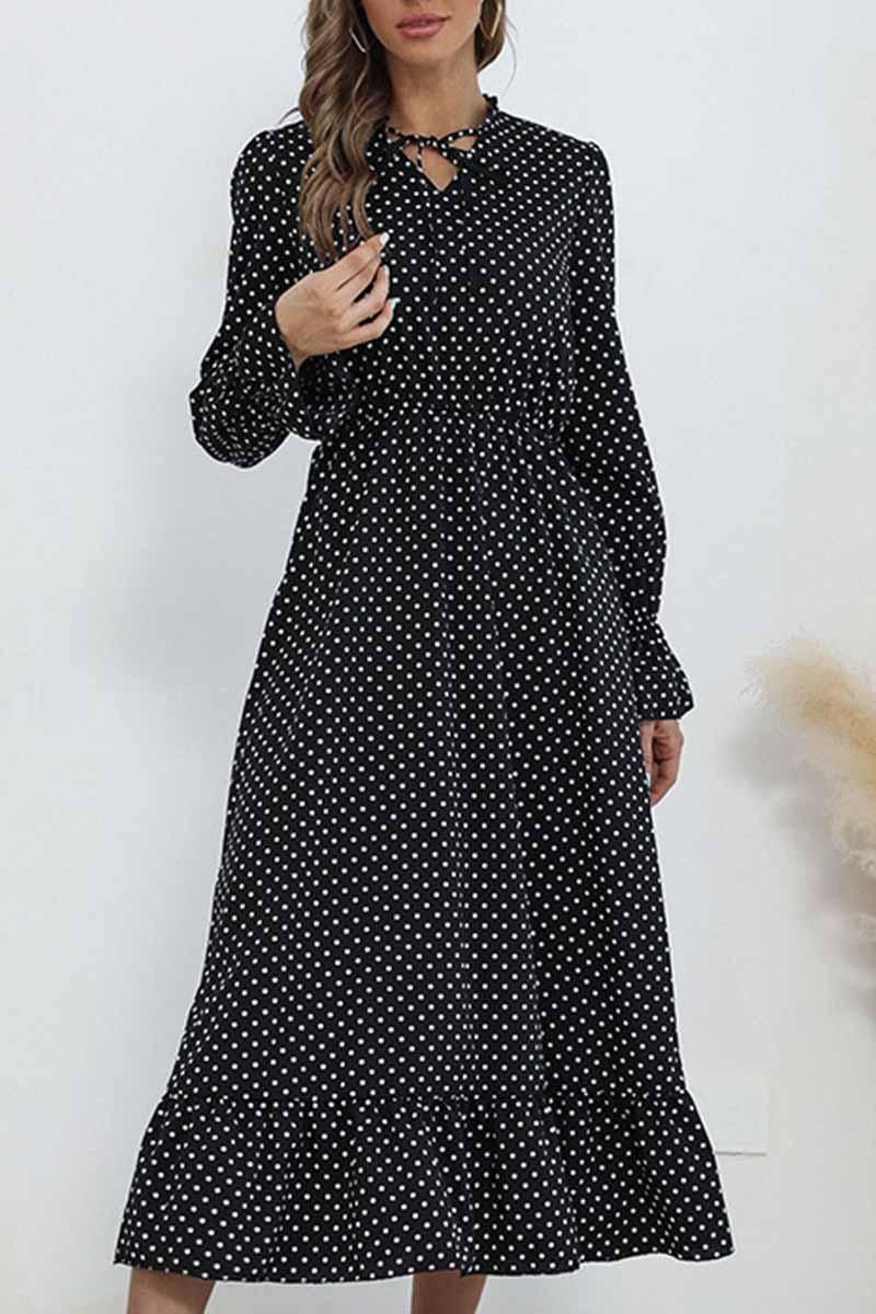 TIED NECK RUFFLED POLKA DOT DRESS - Doublju